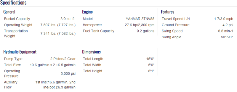 35VX-3 Mini Excavator Specifications